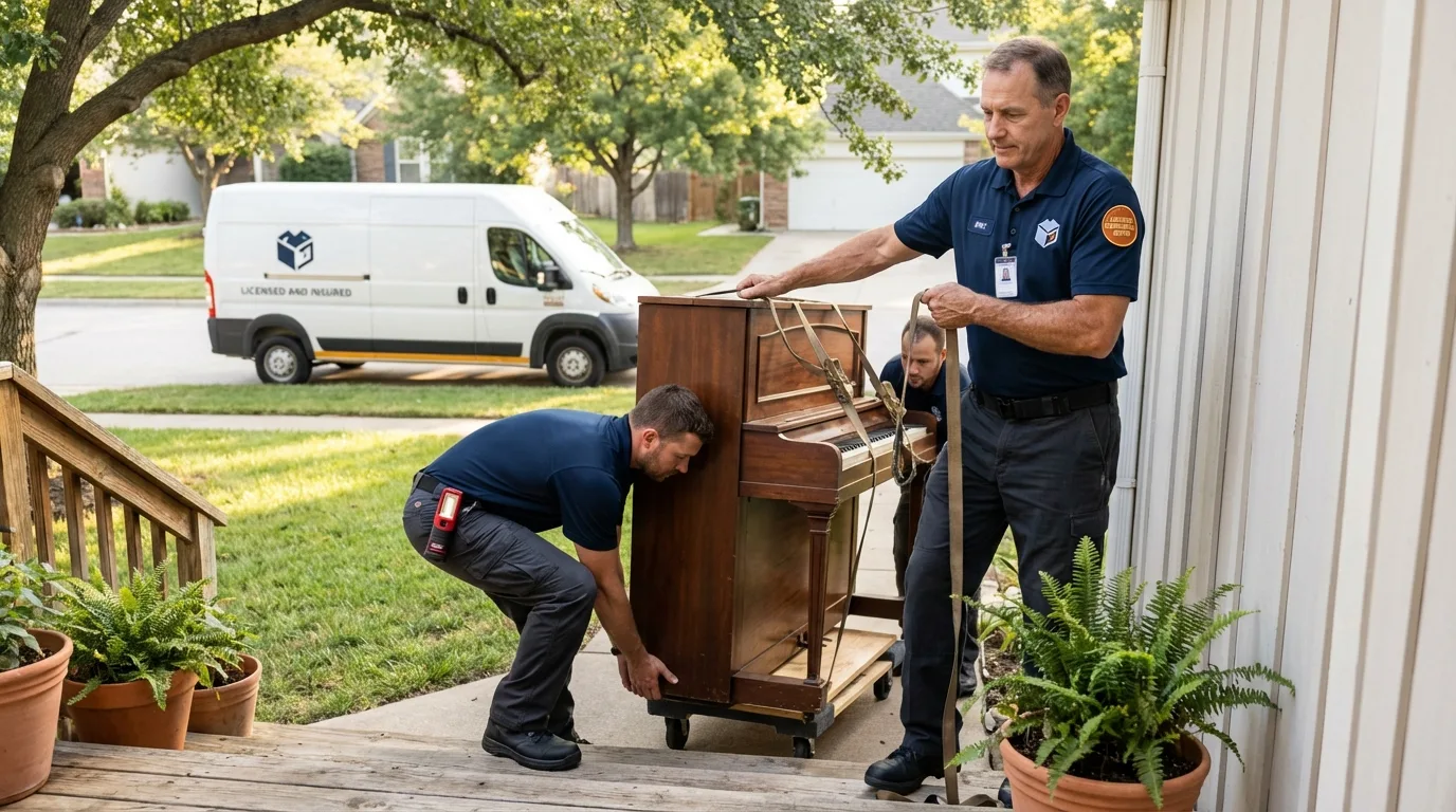 Licensed piano movers securing grand piano in Pickens, MS
