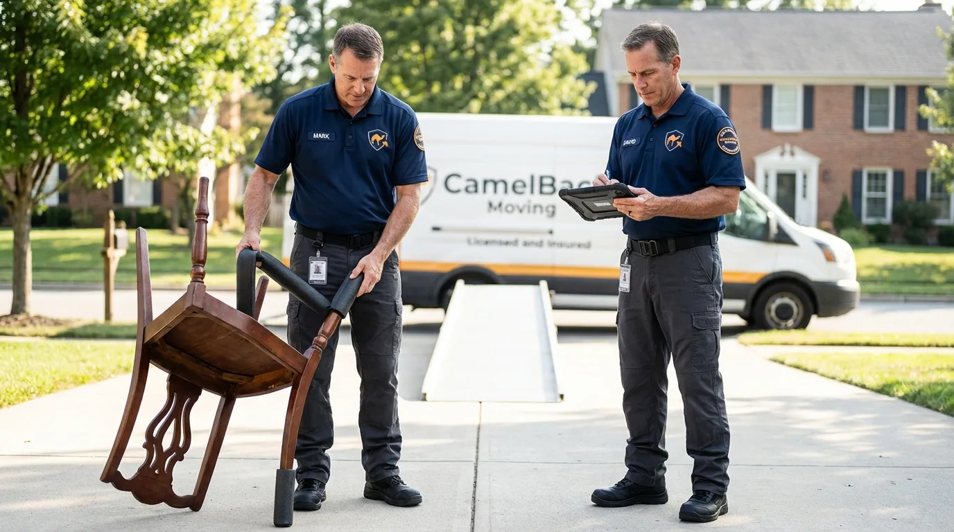 Movers inspecting furniture for damage prevention before loading in Pickens, MS